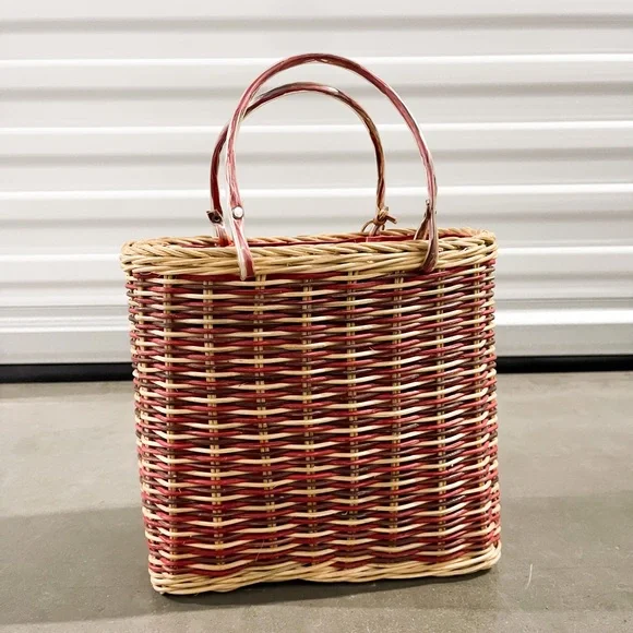 Vintage Esprit Mini Basket Women Small Red Tan Woven Bag Dual Handle Tote - Picture 2 of 6